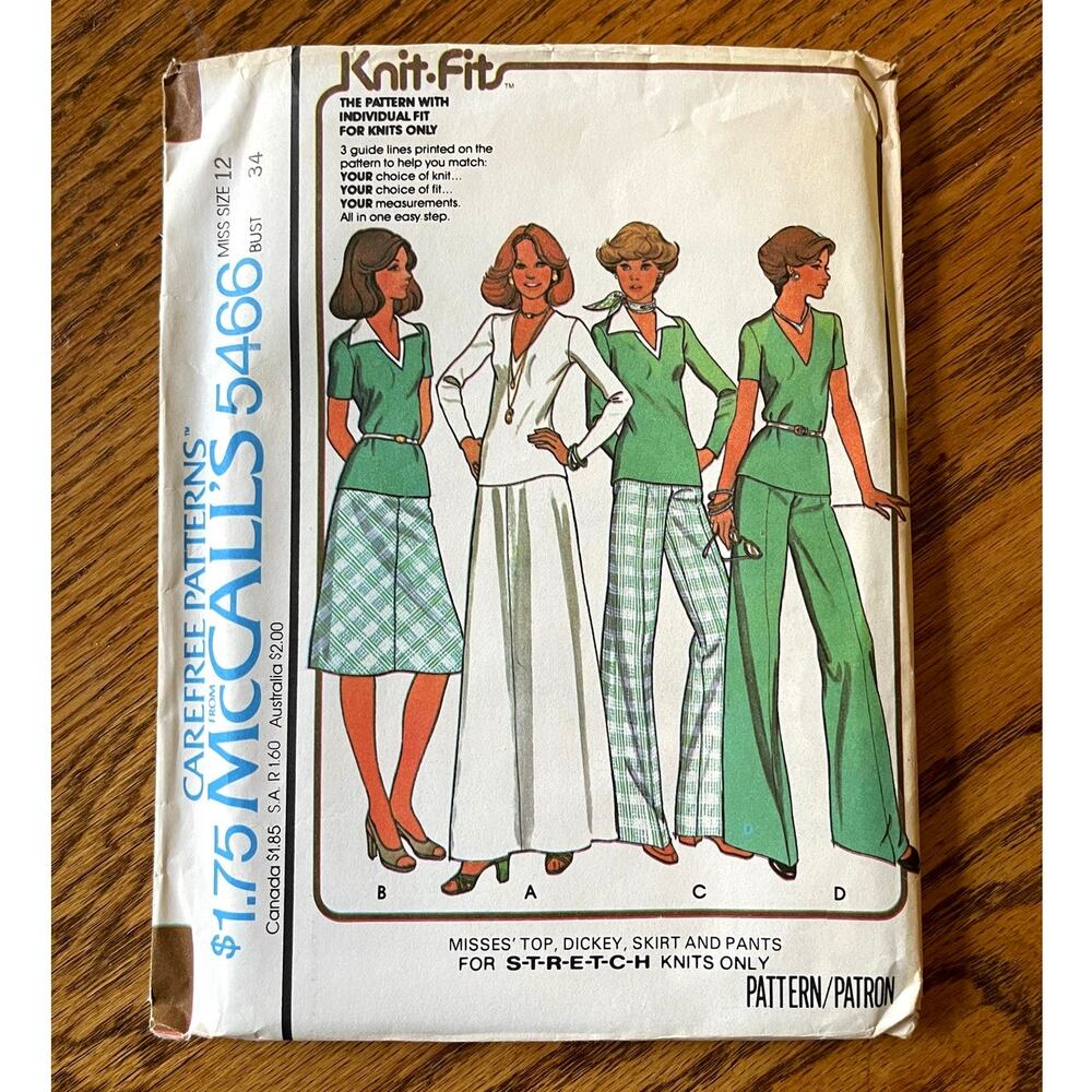 UNCUT Vintage 1970s McCalls 5466 Sewing Pattern Sz S Top Dickey Skirt Flare Pant